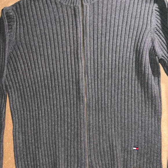 Vintage 90s Tommy Hilfiger Men XL Gray Knit Ribbon Full Zip Fall Sweater (U) - Picture 2 of 8